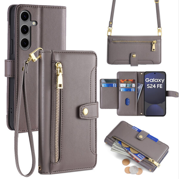 Handykette für Samsung Galaxy S24 FE Hülle mit Band Handyhülle Kartenfächer PU Leder Umhängetasche in Grau