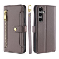 Handykette für Samsung Galaxy S24 FE Hülle mit Band Handyhülle Kartenfächer PU Leder Umhängetasche in Grau