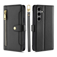 Handykette für Samsung Galaxy S24 FE Hülle mit Band Handyhülle Kartenfächer PU Leder Umhängetasche in Schwarz