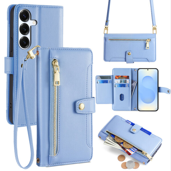 Handykette Samsung Hülle mit Band Handyhülle Kartenfächer PU Leder Umhängetasche Galaxy S25 in Hellblau