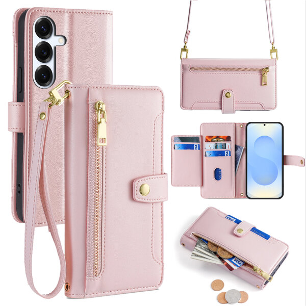 Handykette Samsung Hülle mit Band Handyhülle Kartenfächer PU Leder Umhängetasche Galaxy S25+ in Rosa