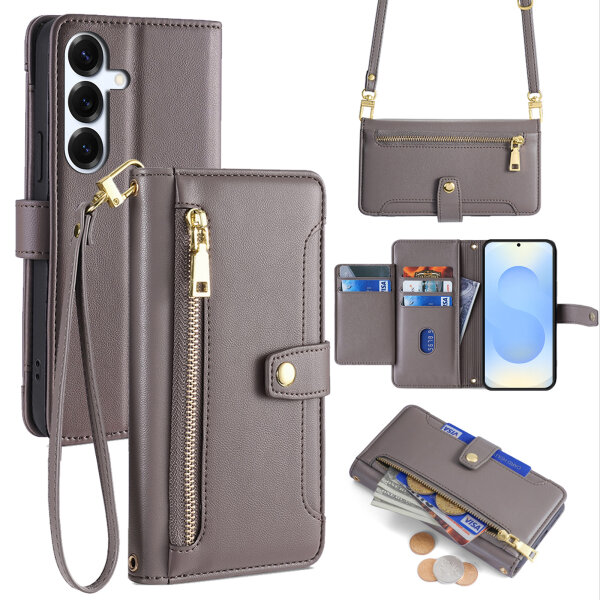 Handykette Samsung Hülle mit Band Handyhülle Kartenfächer PU Leder Umhängetasche Galaxy S25+ in Grau