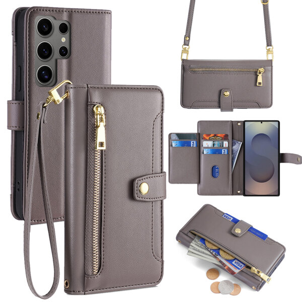 Handykette Samsung Hülle mit Band Handyhülle Kartenfächer PU Leder Umhängetasche Galaxy S25 Ultra in Grau