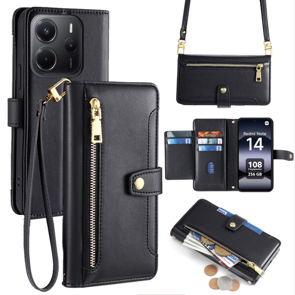 Handykette Xiaomi Redmi Note 14 4G Hülle mit Band Handyhülle Kartenfächer PU Leder Umhängetasche in Schwarz