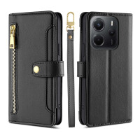 Handykette Xiaomi Redmi Note 14 4G Hülle mit Band Handyhülle Kartenfächer PU Leder Umhängetasche in Schwarz
