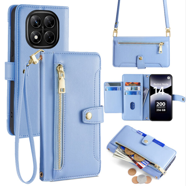 Handykette Xiaomi Redmi Note 14 Pro 4G Hülle mit Band Handyhülle Kartenfächer PU Leder Umhängetasche in Hellblau