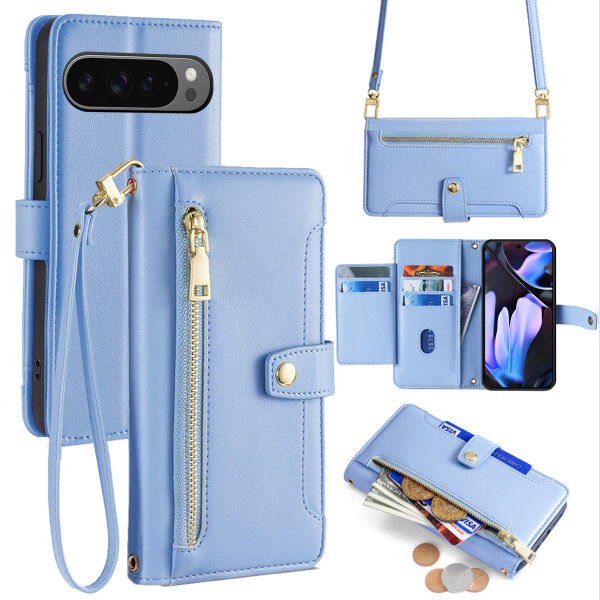 Handykette Google Pixel 9 Pro XL Hülle mit Band Handyhülle Kartenfächer PU Leder Umhängetasche in Hellblau