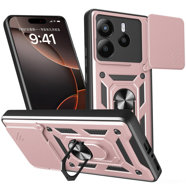 Outdoor Panzer Hülle für Xiaomi Redmi Note 14 4G Handyhülle Kameraschutz Ringhalter in Rosegold