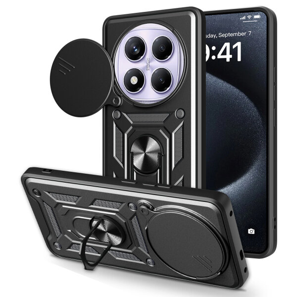 Outdoor Panzer Hülle für Xiaomi Redmi Note 14 Pro 4G Handyhülle Kameraschutz Ringhalter in Schwarz