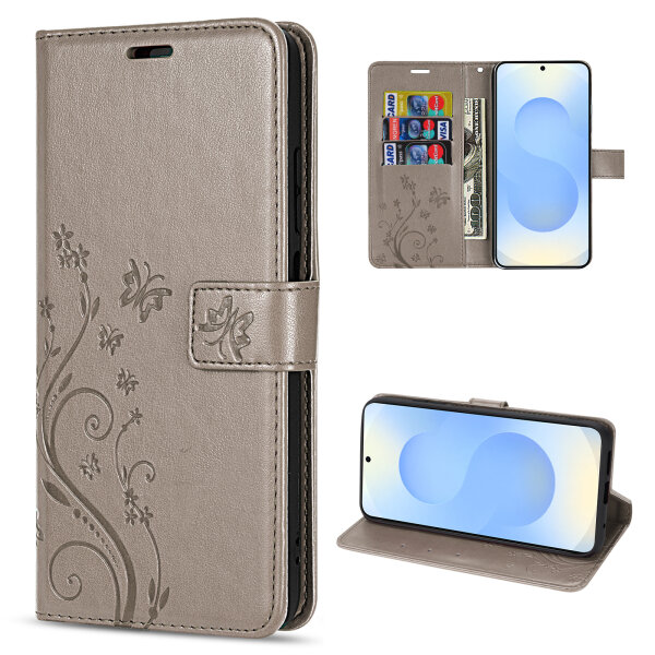Hülle für Samsung Galaxy S25 Handyhülle Handy Tasche Wallet Case Flip Cover in Grau