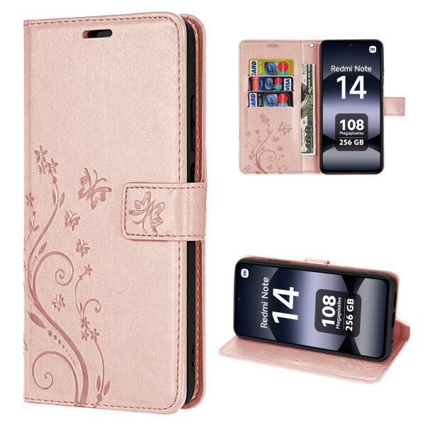 Hülle für Xiaomi Redmi Note 14 4G, Handy Tasche Handyhülle Wallet Case Flip Cover in Rosegold