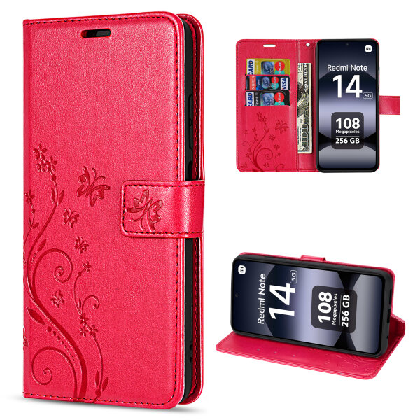 Hülle für Xiaomi Redmi Note 14 5G, Handy Tasche Handyhülle Wallet Case Flip Cover in Rot