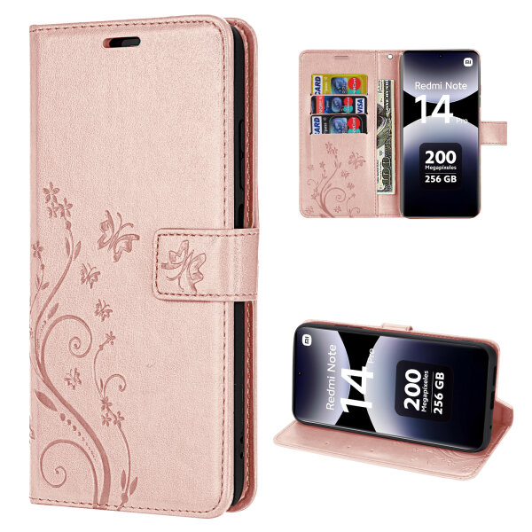 Hülle für Xiaomi Redmi Note 14 Pro 4G, Handy Tasche Handyhülle Wallet Case Flip Cover in Rosegold