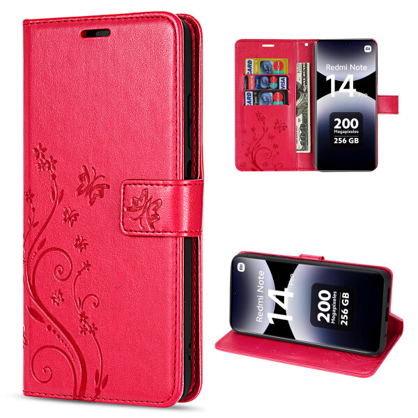 Hülle für Xiaomi Redmi Note 14 Pro 4G, Handy Tasche Handyhülle Wallet Case Flip Cover in Rot