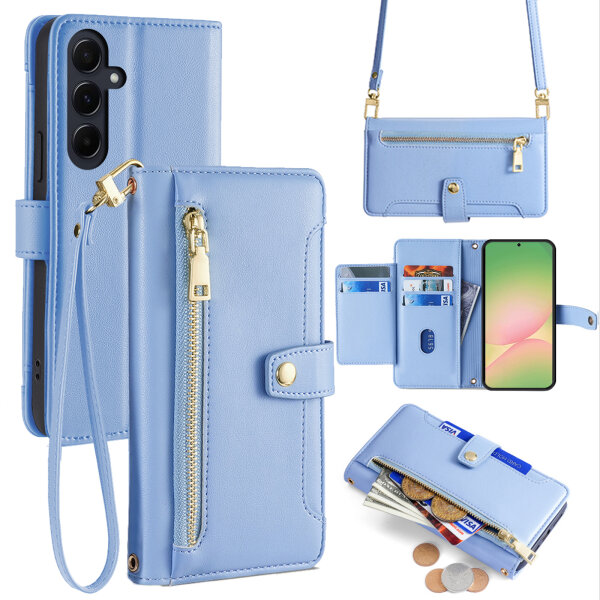 Handykette für Samsung Galaxy A36 / A56 Hülle mit Band Handyhülle Kartenfächer PU Leder Umhängetasche in Hellblau