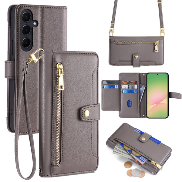 Handykette für Samsung Galaxy A36 / A56 Hülle mit Band Handyhülle Kartenfächer PU Leder Umhängetasche in Grau