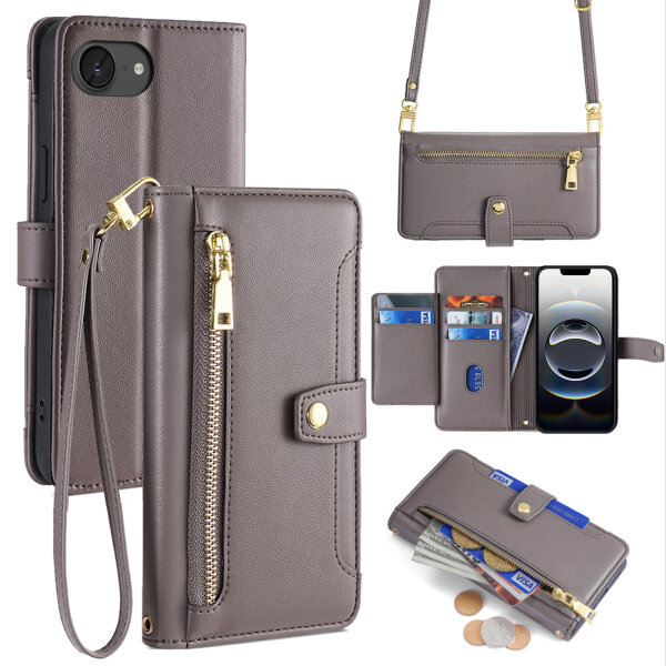 Handykette für Apple iPhone 16E – Handyhülle mit Band PU-Leder Grau