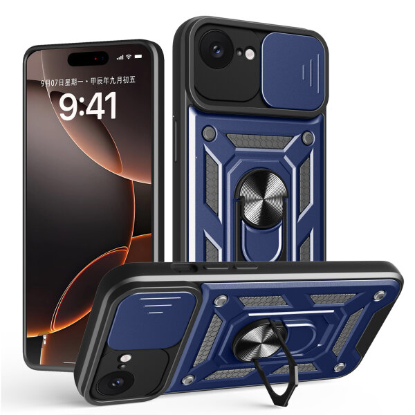 Panzer Hülle für iPhone 16E Handyhülle mit Kameraschutz Ringhalter Blau