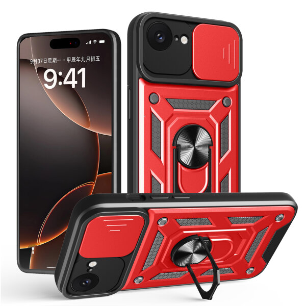 Panzer Hülle für iPhone 16E Handyhülle mit Kameraschutz Ringhalter Rot