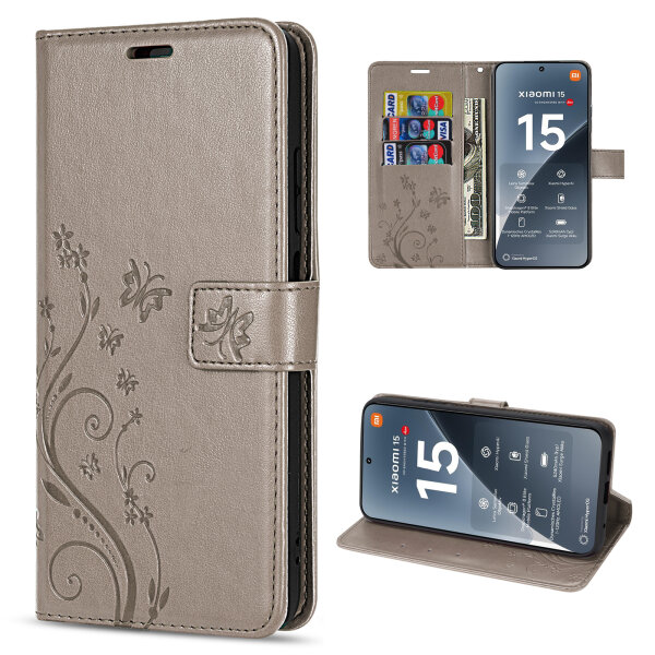 Hülle für Xiaomi 15 Handy Tasche Handyhülle Wallet Case Flip Cover in Grau