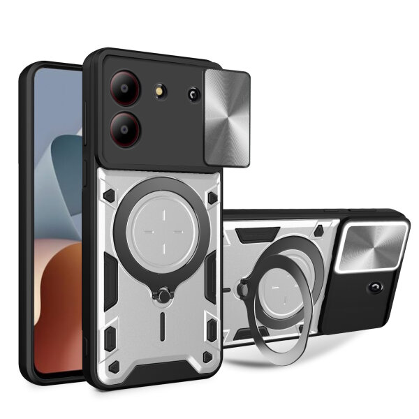 Outdoor Panzer Hülle für ZTE Blade A34 / A54 Handyhülle mit Slide Kameraschutz Ringhalter Bumper in Silber