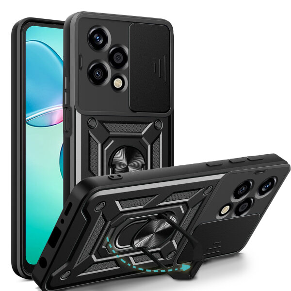 Outdoor Panzer Hülle für Honor 200 Lite Handyhülle mit Slide Kameraschutz Ringhalter in Schwarz