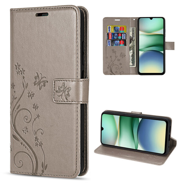 Handy Tasche für Xiaomi Redmi A5 Handyhülle Blumen Hülle Wallet Case Flipcover in Grau