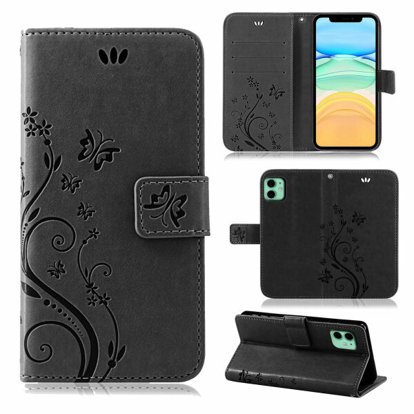 Handyhülle für Apple iPhone 11 – Flip Cover Blumen Schwarz