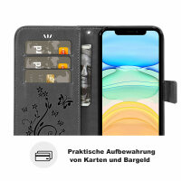 Handyhülle für Apple iPhone 11 – Flip Cover Blumen Schwarz