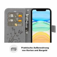 Handyhülle für Apple iPhone 11 – Flip Cover Blumen Grau