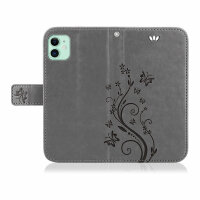 Handyhülle für Apple iPhone 11 – Flip Cover Blumen Grau