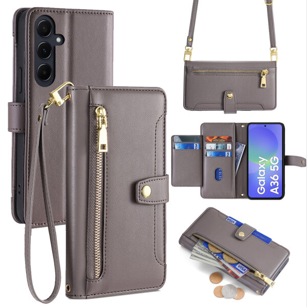 Handykette für Samsung Galaxy A36 Hülle mit Band Handyhülle Kartenfächer PU Leder Umhängetasche in Grau