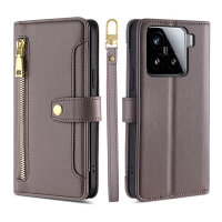 Handykette für Xiaomi 15 Hülle mit Band Handyhülle Kartenfächer PU Leder Umhängetasche in Grau
