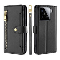 Handykette für Xiaomi 15 Hülle mit Band Handyhülle Kartenfächer PU Leder Umhängetasche in Schwarz