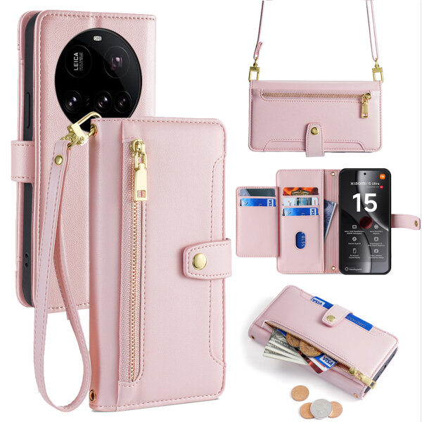 Handykette für Xiaomi 15 Ultra Hülle mit Band Handyhülle Kartenfächer PU Leder Umhängetasche in Rosa