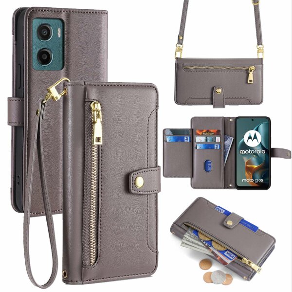 Handykette Hülle für Motorola Moto G05 / Moto E15 mit Band Handyhülle Kartenfächer PU Leder Umhängetasche in Grau