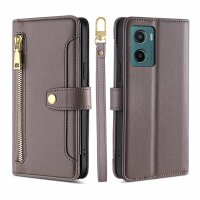 Handykette Hülle für Motorola Moto G05 / Moto E15 mit Band Handyhülle Kartenfächer PU Leder Umhängetasche in Grau