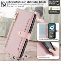 Handykette Hülle für Motorola Moto G05 / Moto E15 mit Band Handyhülle Kartenfächer PU Leder Umhängetasche in Rosa