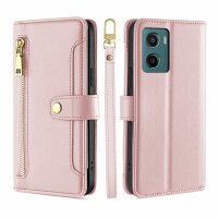 Handykette Hülle für Motorola Moto G05 / Moto E15 mit Band Handyhülle Kartenfächer PU Leder Umhängetasche in Rosa