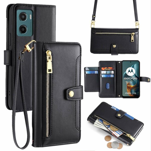 Handykette Hülle für Motorola Moto G05 / Moto E15 mit Band Handyhülle Kartenfächer PU Leder Umhängetasche in Schwarz
