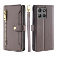 Handykette Hülle für Motorola Moto G15 / Moto G15 Power mit Band Handyhülle Kartenfächer PU Leder Umhängetasche in Grau