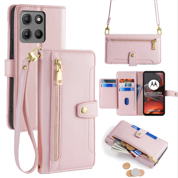 Handykette Hülle für Motorola Moto G15 / Moto G15 Power mit Band Handyhülle Kartenfächer PU Leder Umhängetasche in Rosa