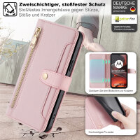 Handykette Hülle für Motorola Moto G15 / Moto G15 Power mit Band Handyhülle Kartenfächer PU Leder Umhängetasche in Rosa