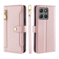 Handykette Hülle für Motorola Moto G15 / Moto G15 Power mit Band Handyhülle Kartenfächer PU Leder Umhängetasche in Rosa