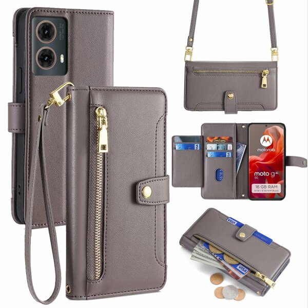 Handykette Hülle für Motorola Moto G85 mit Band Handyhülle Kartenfächer PU Leder Umhängetasche in Grau