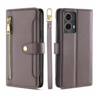 Handykette Hülle für Motorola Moto G85 mit Band Handyhülle Kartenfächer PU Leder Umhängetasche in Grau