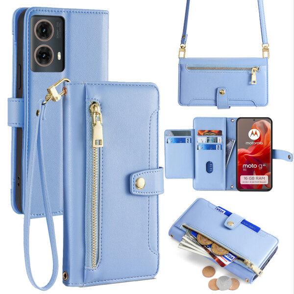 Handykette Hülle für Motorola Moto G85 mit Band Handyhülle Kartenfächer PU Leder Umhängetasche in Hellblau