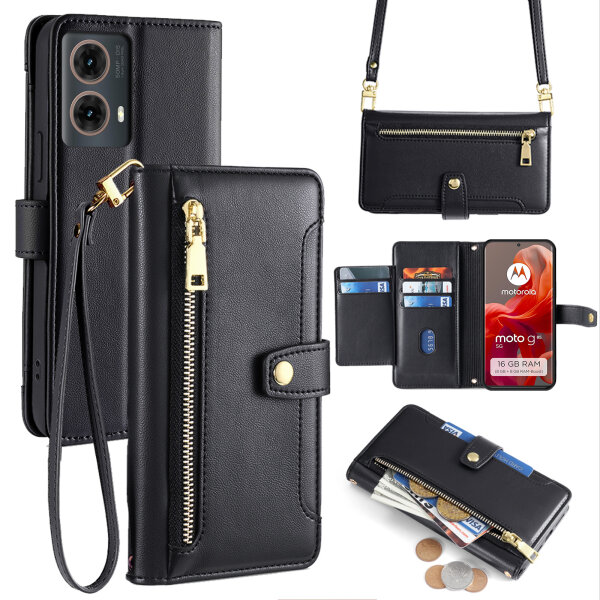 Handykette Hülle für Motorola Moto G85 mit Band Handyhülle Kartenfächer PU Leder Umhängetasche in Schwarz