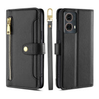 Handykette Hülle für Motorola Moto G85 mit Band Handyhülle Kartenfächer PU Leder Umhängetasche in Schwarz