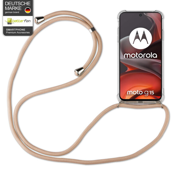 Handykett für Motorola Moto G15 / Moto G15 Power Hülle mit Kordel Handyhülle mit Band in Beige/Braun